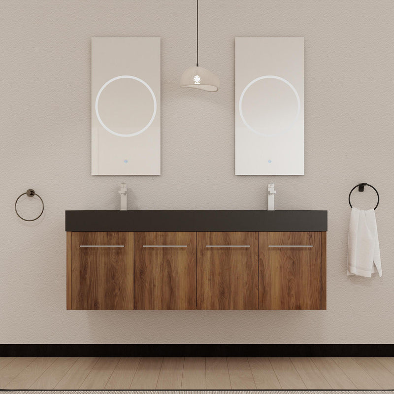 60 Inch Wall-Mounted Bathroom Vanity with Sink, Thick Edged Double Black Resin Sink, KD-Package