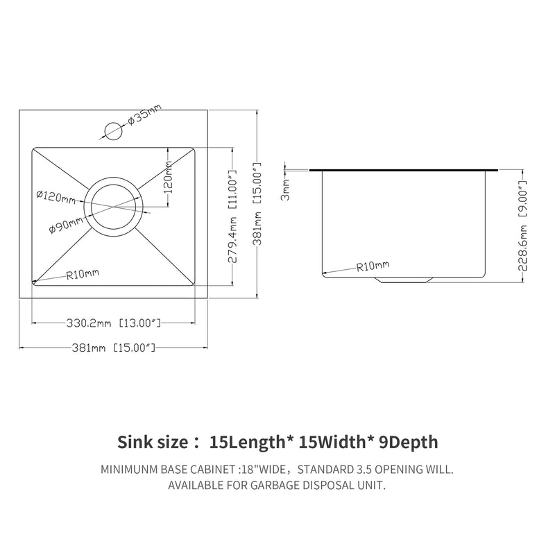15*15*9 inch Drop in Kitchen Sink Gunmetal Black Topmount 16 Gauge Deep Single Bowl Stainless Steel Sink Basin