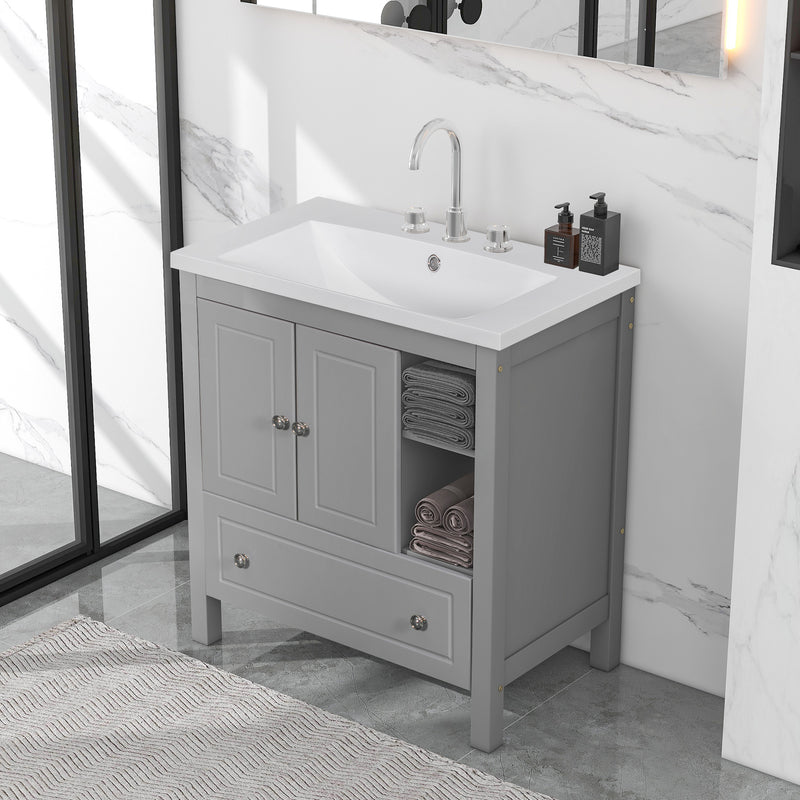 [VIDEO] 30" Bathroom Vanity with Sink, Bathroom Storage Cabinet with Doors and Drawers, Solid Wood Frame, Ceramic Sink, Grey