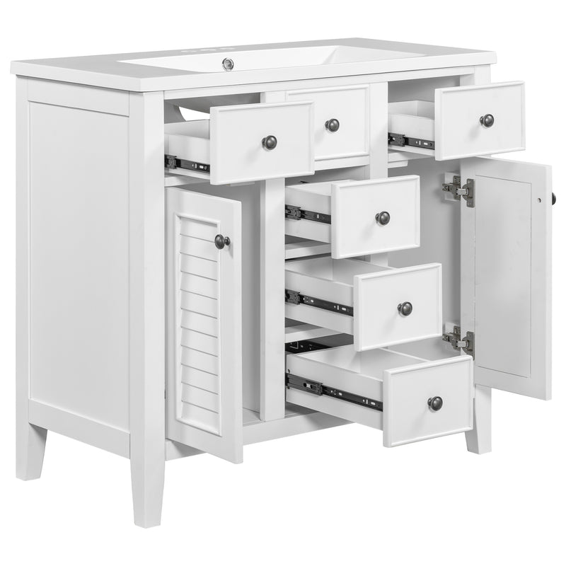 36" Bathroom Vanity with Ceramic Basin, Two Cabinets and Five Drawers, Solid Wood Frame, White