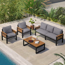 GO 4-Piece Outdoor Furniture Sofa Set for 5 People with  Acacia Wood Armrests, Patio Conversation Set with Removable Cushion and Solid Wood Coffee Table  for Garden and Backyard, Grey