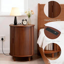 DHH Round End Table with Storage & Charging Station, Fluted Accent Side Table with Sliding Door & Adjustable Shelf, Mid-Century Nightstand for Small Spaces, Living Room, Bedroom (1, Walnut)