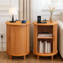 DHH Round End Table with Storage & Charging Station, Fluted Accent Side Table with Sliding Door & Adjustable Shelf, Mid-Century Nightstand for Small Spaces, Living Room, Bedroom (1, Walnut)