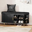 DHH 2-Tier Storage Bench, 43.3" Wide Shoe Bench with Thickened Padded Seat Cushion, Mid Century Modern Fluted Sliding Door and Adjustable Shelf, for Entryway, Living Room, Bedroom(Black)