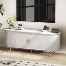 DHH 55 Inch Mid Century Modern TV Stand with Power Outlet for TVs up to 60 Inch, Entertainment Center with Storage and Adjustable Shelves, Media Console with Sliding Doors for Living Room(Black)