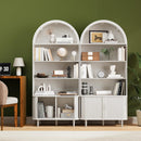 DHH 71" Tall Arched Bookshelf, 5 Tiers Arch Bookcase with Storage, Modern Farmhouse Book Shelf with Adjustable Shelves ＆Sliding Doors, Wood Display Cabinet for Living Room, Office (White)