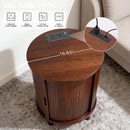 DHH Round End Table with Storage & Charging Station, Fluted Accent Side Table with Sliding Door & Adjustable Shelf, Mid-Century Nightstand for Small Spaces, Living Room, Bedroom (1, Walnut)