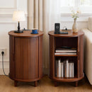 DHH Round End Table with Storage & Charging Station, Fluted Accent Side Table with Sliding Door & Adjustable Shelf, Mid-Century Nightstand for Small Spaces, Living Room, Bedroom (1, Walnut)