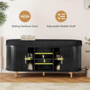 DHH 2-Tier Storage Bench, 43.3" Wide Shoe Bench with Thickened Padded Seat Cushion, Mid Century Modern Fluted Sliding Door and Adjustable Shelf, for Entryway, Living Room, Bedroom(Black)