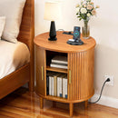 Nightstand with Charging Station, Fluted Accent Side Table with Sliding Door & Adjustable Shelf, Mid-Century Modern End Table for Small Space, Living Room, Bedroom