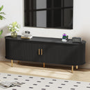 DHH 55 Inch Mid Century Modern TV Stand with Power Outlet for TVs up to 60 Inch, Entertainment Center with Storage and Adjustable Shelves, Media Console with Sliding Doors for Living Room(Black)