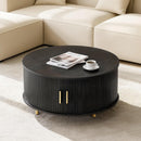 DHH Round Coffee Table, 31.5" Mid Century Modern Coffee Table with 360° Sliding Tambour Door, Fluted Accent Coffee Table with Storage Adjustable Footpads for Living Room, Black