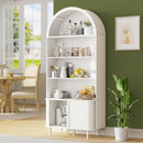 DHH 71" Tall Arched Bookshelf, 5 Tiers Arch Bookcase with Storage, Modern Farmhouse Book Shelf with Adjustable Shelves ＆Sliding Doors, Wood Display Cabinet for Living Room, Office (White)