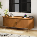 DHH 55 Inch Mid Century Modern TV Stand with Power Outlet for TVs up to 60 Inch, Entertainment Center with Storage and Adjustable Shelves, Media Console with Sliding Doors for Living Room(Black)