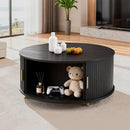 DHH Round Coffee Table, 31.5" Mid Century Modern Coffee Table with 360° Sliding Tambour Door, Fluted Accent Coffee Table with Storage Adjustable Footpads for Living Room, Black