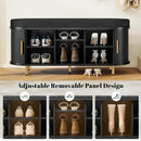 DHH 2-Tier Storage Bench, 43.3" Wide Shoe Bench with Thickened Padded Seat Cushion, Mid Century Modern Fluted Sliding Door and Adjustable Shelf, for Entryway, Living Room, Bedroom(Black)