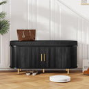 DHH 2-Tier Storage Bench, 43.3" Wide Shoe Bench with Thickened Padded Seat Cushion, Mid Century Modern Fluted Sliding Door and Adjustable Shelf, for Entryway, Living Room, Bedroom(Black)