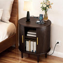 DHH Mid Century Modern Nightstand Set of 2 with Charging Station, Fluted Accent Side Table with Sliding Door & Adjustable Shelf, End Table for Small Space, Living Room, Bedroom,Sofa Couch, Black