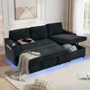 Sleeper Sofa Bed, 85'' L-Shape Pull Out Couch with Storage Chaise, Chenille Modern Sofa | Side Pockets | Retractable Table | LED Ambient Light | USB Charging Ports | Cup Holders | Grey