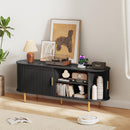 DHH 55 Inch Mid Century Modern TV Stand with Power Outlet for TVs up to 60 Inch, Entertainment Center with Storage and Adjustable Shelves, Media Console with Sliding Doors for Living Room(Black)