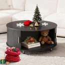 Round Coffee Table, 31.5" Mid Century Modern Coffee Table with 360° Sliding Tambour Door, Fluted Accent Coffee Table with Storage Adjustable Footpads for Living Room