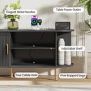 DHH 55 Inch Mid Century Modern TV Stand with Power Outlet for TVs up to 60 Inch, Entertainment Center with Storage and Adjustable Shelves, Media Console with Sliding Doors for Living Room(Black)