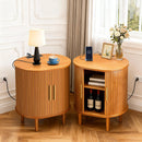 Nightstand with Charging Station, Fluted Accent Side Table with Sliding Door & Adjustable Shelf, Mid-Century Modern End Table for Small Space, Living Room, Bedroom