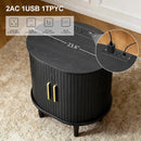 DHH Mid Century Modern Nightstand Set of 2 with Charging Station, Fluted Accent Side Table with Sliding Door & Adjustable Shelf, End Table for Small Space, Living Room, Bedroom,Sofa Couch, Black