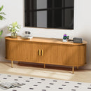 DHH 55 Inch Mid Century Modern TV Stand with Power Outlet for TVs up to 60 Inch, Entertainment Center with Storage and Adjustable Shelves, Media Console with Sliding Doors for Living Room(Black)