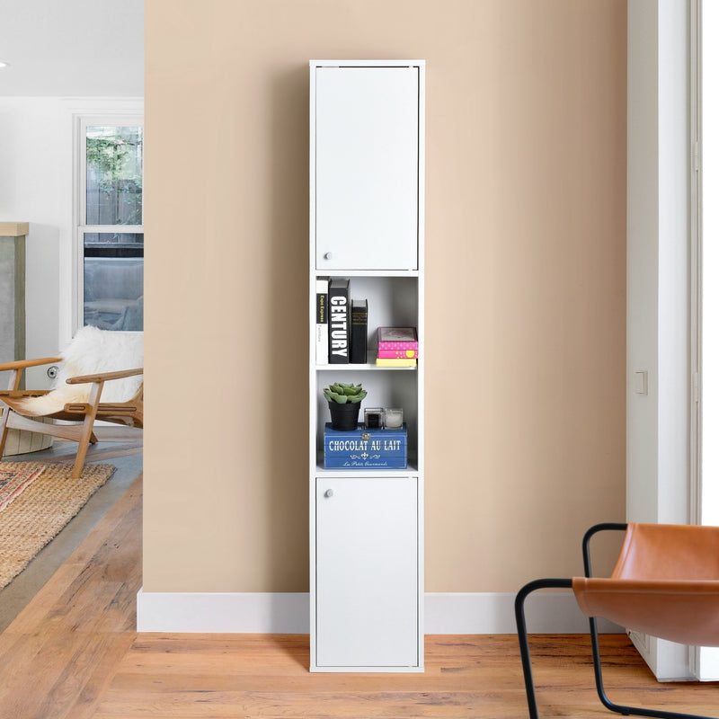 White Bathroom Storage Cabinet with Shelf Narrow Corner Organizer Floor Standing (H63 6 Shelves 2 Door)