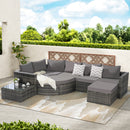8 Piece Outdoor Patio Sofa Set, Sectional L- Shaped Patio Furniture Wicker Patio Conversation Set with Curved Sofa  Ottoman & Glass Top Table for Backyard Poolside