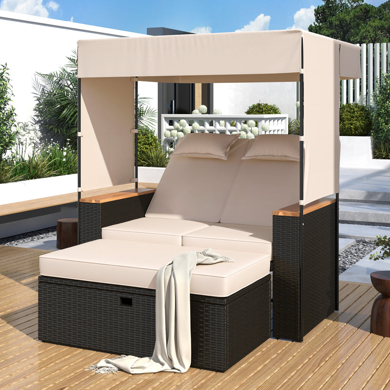 TREXM 2-Piece Outdoor Rattan Daybed, Outdoor Bed with 5 Positions, Outdoor Loveseat Patio Sofa with Bench Lounge Roof Set and Cushions for Poolside, Backyard and Garden (Brown Wicker + Beige Fabric)
