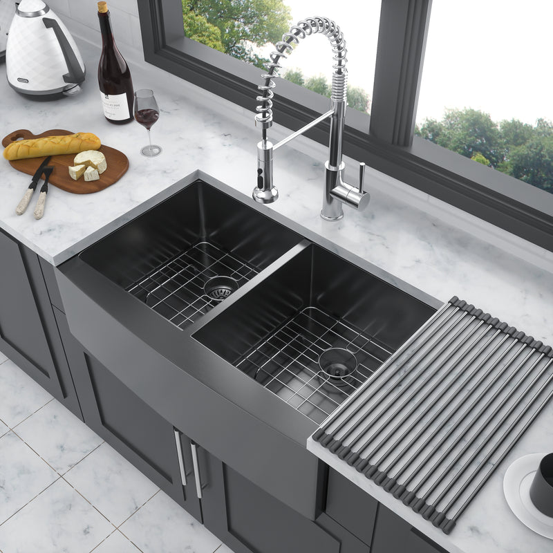Gunmetal Black Double Bowl (50/50) Farmhouse Sink- 36"x21"x10"Stainless Steel Apron Front Kitchen Sink 16 Gauge with Two 10" Deep Basin