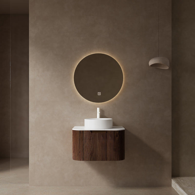DINA 24' Bathroom Vanity with Sink, Wall-Mounted Floating Curved Edges Striped Bathroom Storage Cabinet with Drawer, White Ceramic Basin without Faucet, Pre-assembled, Dark Walnut Woodgrain Color