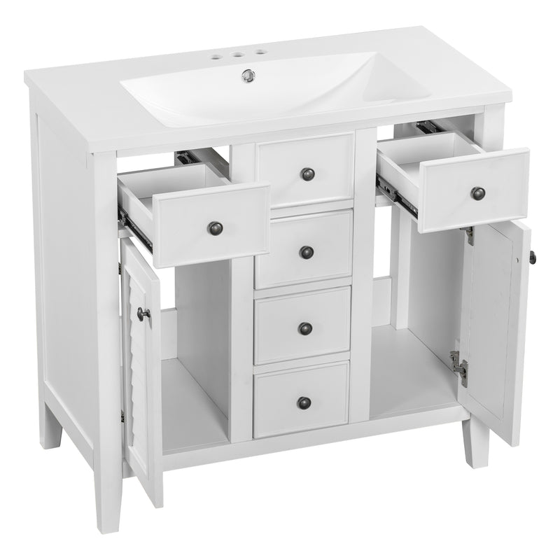 36" Bathroom Vanity with Ceramic Basin, Two Cabinets and Five Drawers, Solid Wood Frame, White