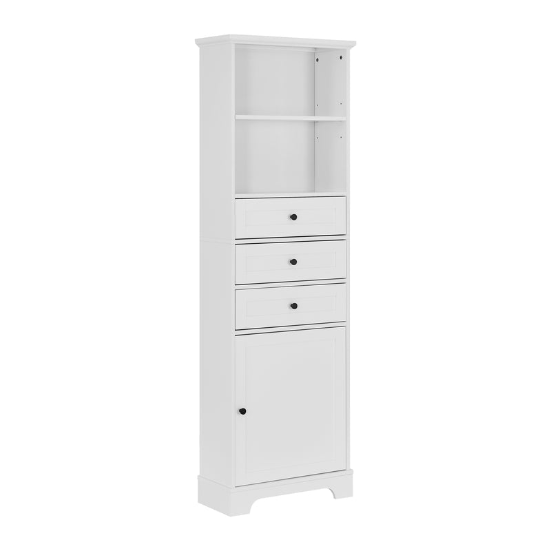 White Tall Storage Cabinet with 3 Drawers and Adjustable Shelves for Bathroom, Kitchen and Living Room, MDF Board with Painted Finish