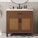 36' Rattan Bathroom Vanity with Ceramic Sink, Modern Bathroom Sink Cabinet with 2 Soft Close Doors and 3 Drawers, Free-standing Bathroom Vanity with Solid Wood Legs and Large Space Storage, Brown