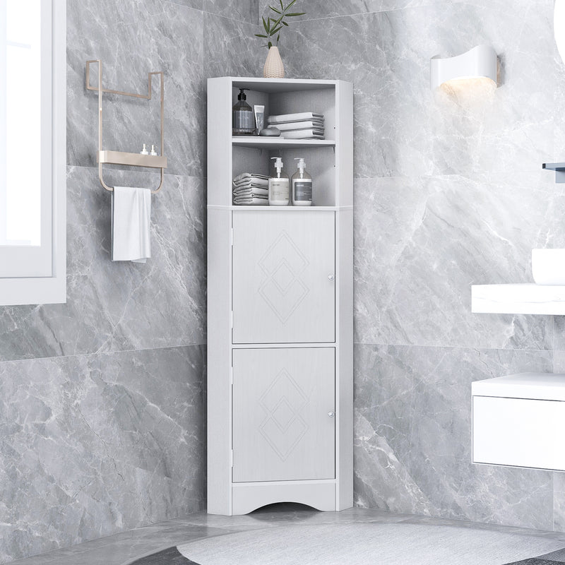 Tall Bathroom Corner Cabinet, Freestanding Storage Cabinet with Doors and Adjustable Shelves, MDF Board, White