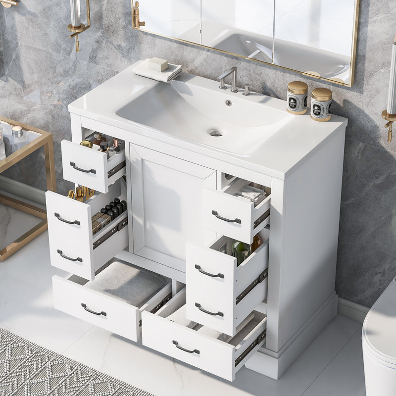 36' Bathroom Vanity with Sink Combo, Six Drawers, Multi-Functional Drawer Divider, Adjustable Shelf, White (Old Sku:SY999808AAK)