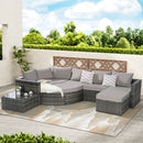 8 Piece Outdoor Patio Sofa Set, Sectional L- Shaped Patio Furniture Wicker Patio Conversation Set with Curved Sofa  Ottoman & Glass Top Table for Backyard Poolside