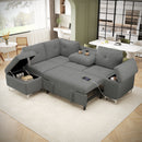 88.2' L-shaped Sofa Couch Upholstered Sofa Versatile Sofa Bed with Ample Storage Space, Two Cup Holders and Two USB Ports for Living Room, Gray