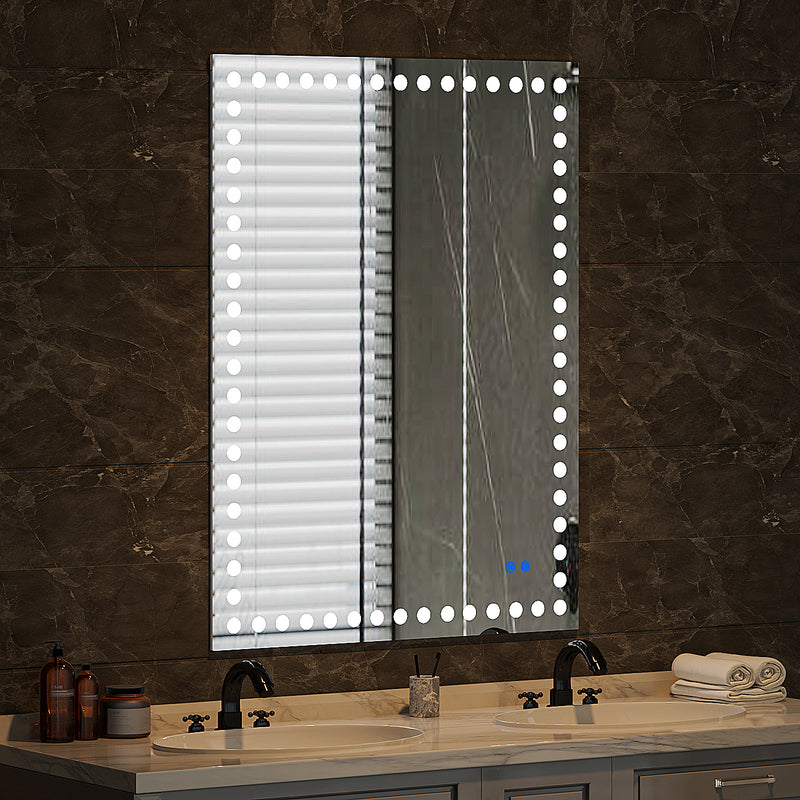 48X36 Inch Led-Lit Bathroom Mirror, Wall Mounted Anti-Fog Memory Rectangular Vanity Mirror With Tri-White Front Circular Light And Touch Sensor Dimmer Switch