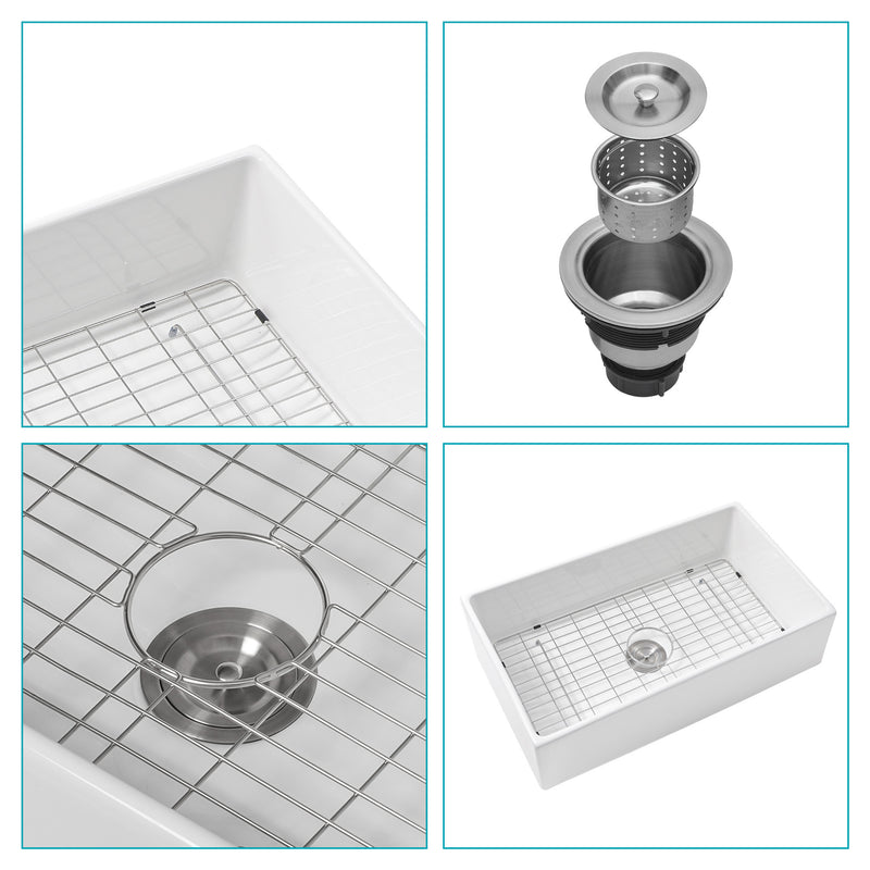 33 White Farmhouse Sink - 33 Inch Kitchen Sink White Undermount Single Bowl Apron Front Ceremic Sink Farm Style Drain Asseblemly and Bottom Grate 33x18x10 Inch