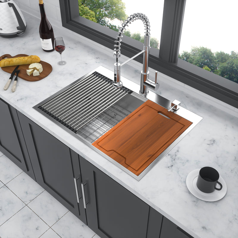30 Drop Kitchen Sink - 30 inch Kitchen Sink Drop-in Topmount Single Bowl 16 Gauge Stainless Steel Ledge Workstation Kitchen Sinks