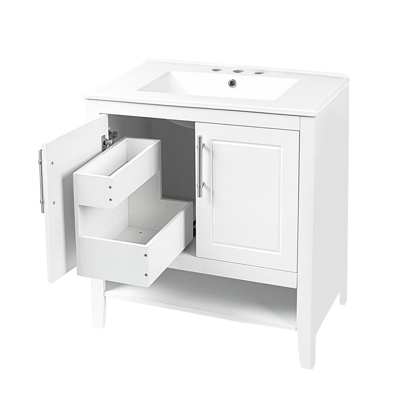30" Bathroom Vanity with Sink, Multi-functional Bathroom Cabinet with Doors and Drawers, Solid Frame and MDF Board, White