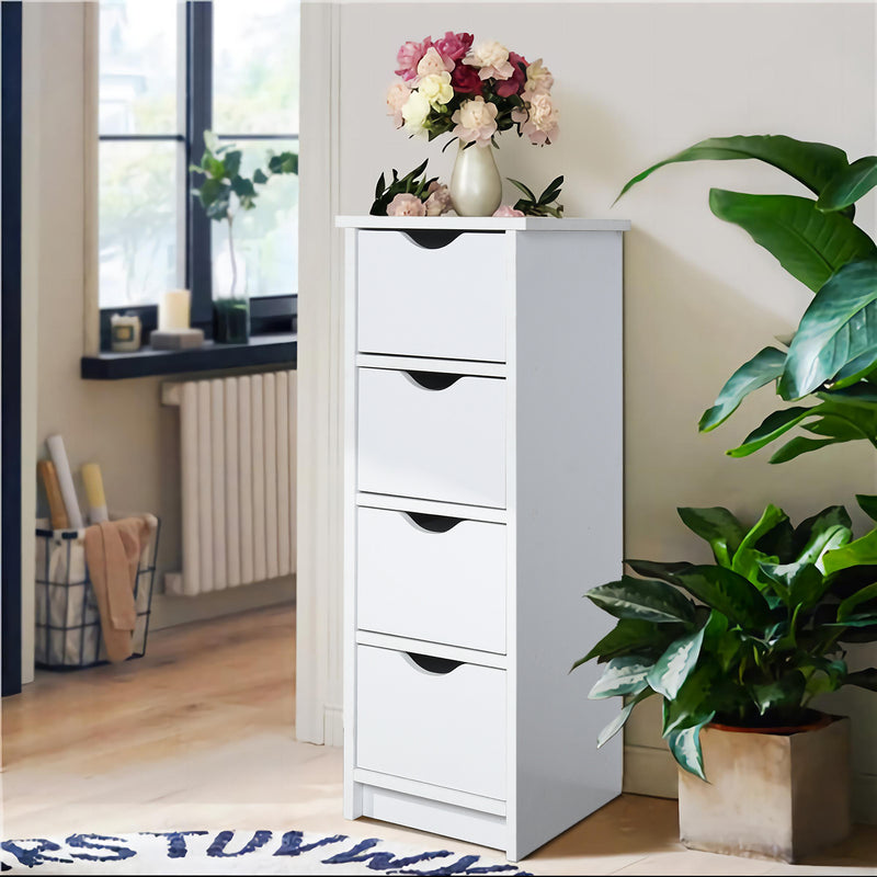 Floor Cabinet, Wooden Side Storage Organizer, 4 Drawers Free-Standing Cabinet for Bathroom/Hallway/Living Room, White