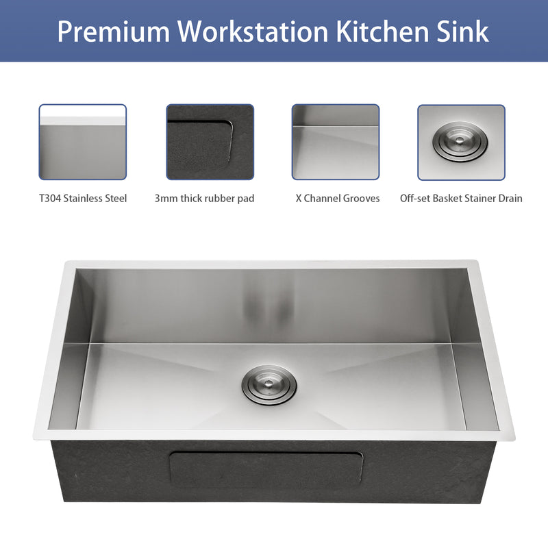 33 Inch Undermount Sink - 33"x19"x9" Undermount Stainless Steel Kitchen Sink 18 Gauge 9 Inch Deep Single Bowl Kitchen Sink Basin