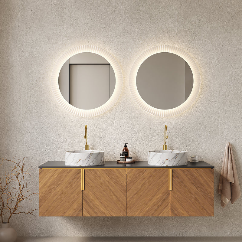 ARAI 60' Bathroom Vanity with Sink, Modern Wall-Mounted Plywood Bathroom Storage Cabinet with 4 Doors, Black Countertop and 2 White Round Ceramic Basins with Stone Pattern, Espresso Woodgrain Color