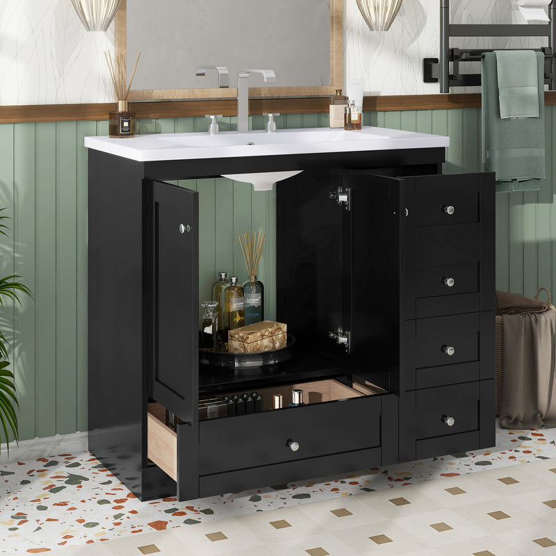 [Video]36 inch Shaker Style Free-Standing Bathroom Vanity Cabinet with Sink, 4 Soft-close Drawers and 2 Soft-close doors