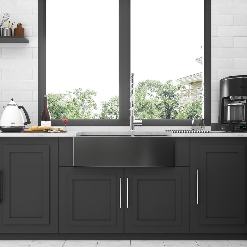 Gunmetal Black Double Bowl (60/40) Farmhouse Sink- 33"x21"x10"Stainless Steel Apron Front Kitchen Sink 16 Gauge with Two 10" Deep Basin